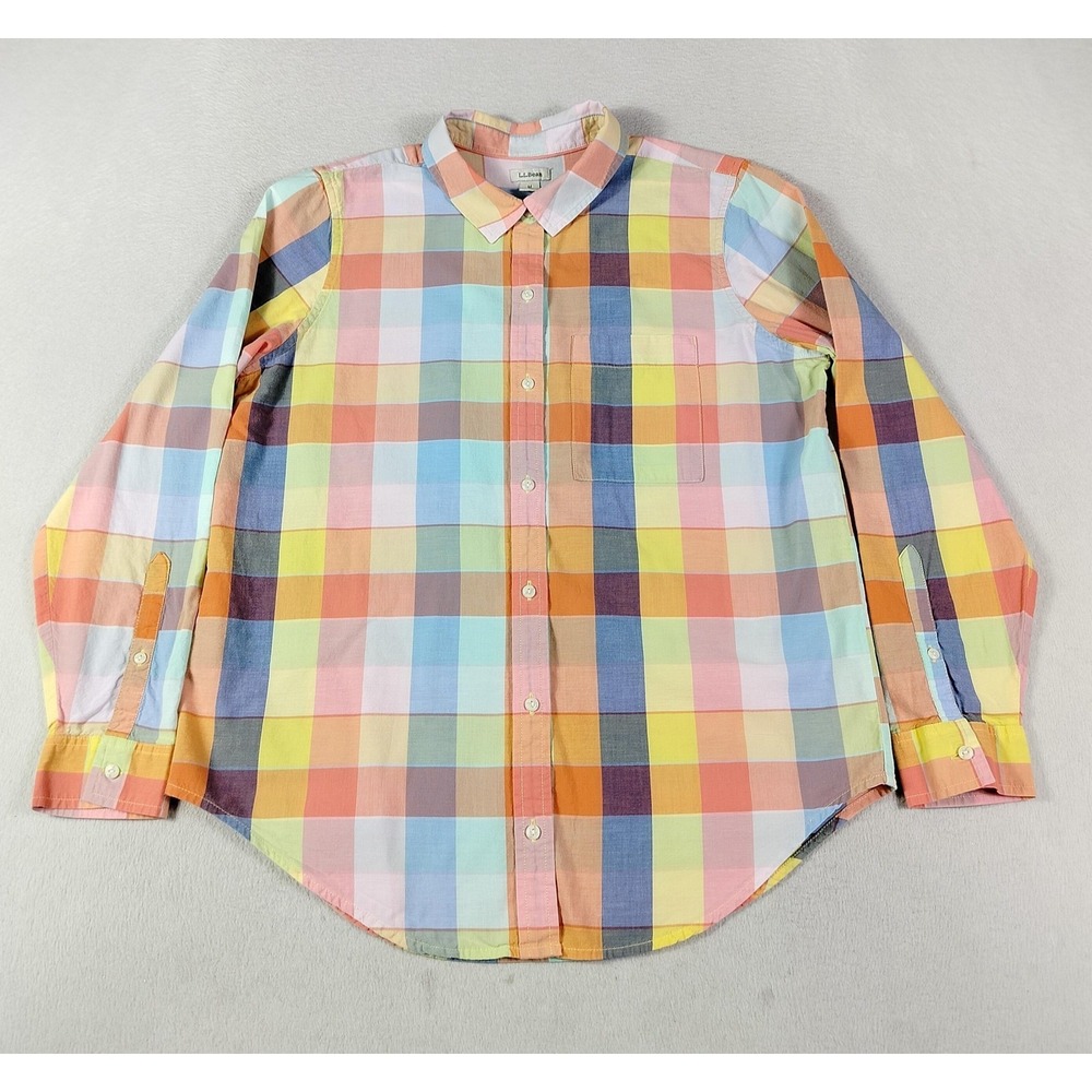 L.L.Bean Shirt Mens Medium Multicolor Plaid Organic Cotton Casual Button‎ Down